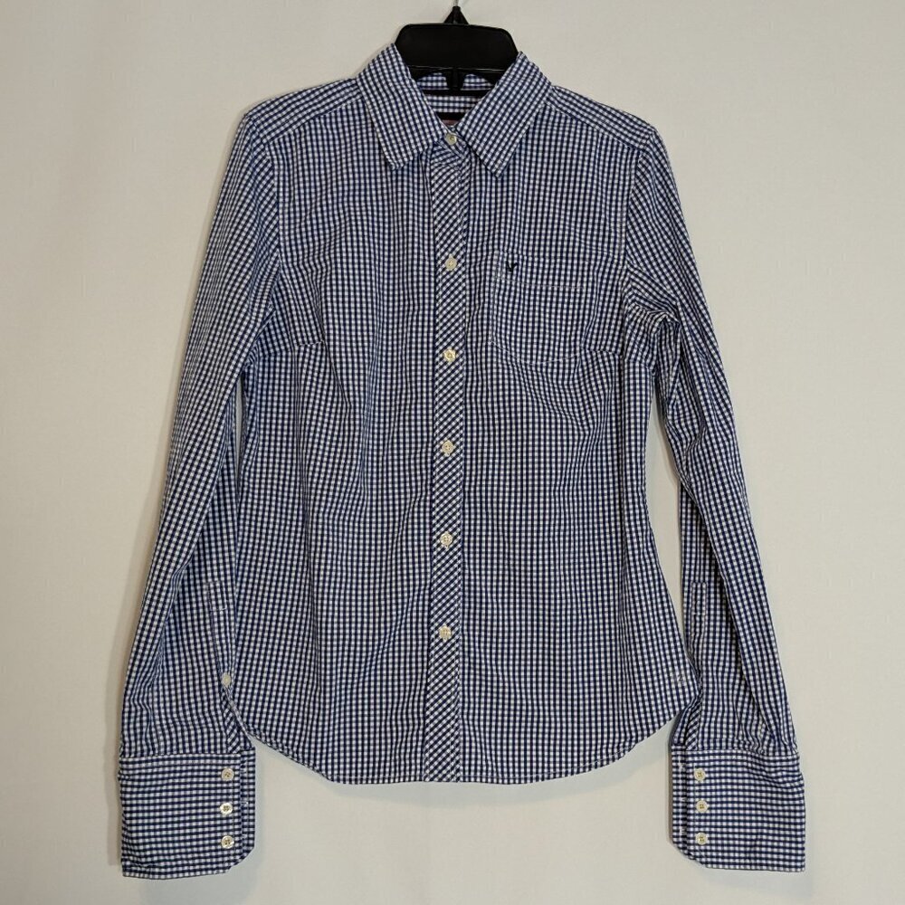 AMERICAN EAGLE Blue/White Check Long Sleeve Button Shirt; Size 2